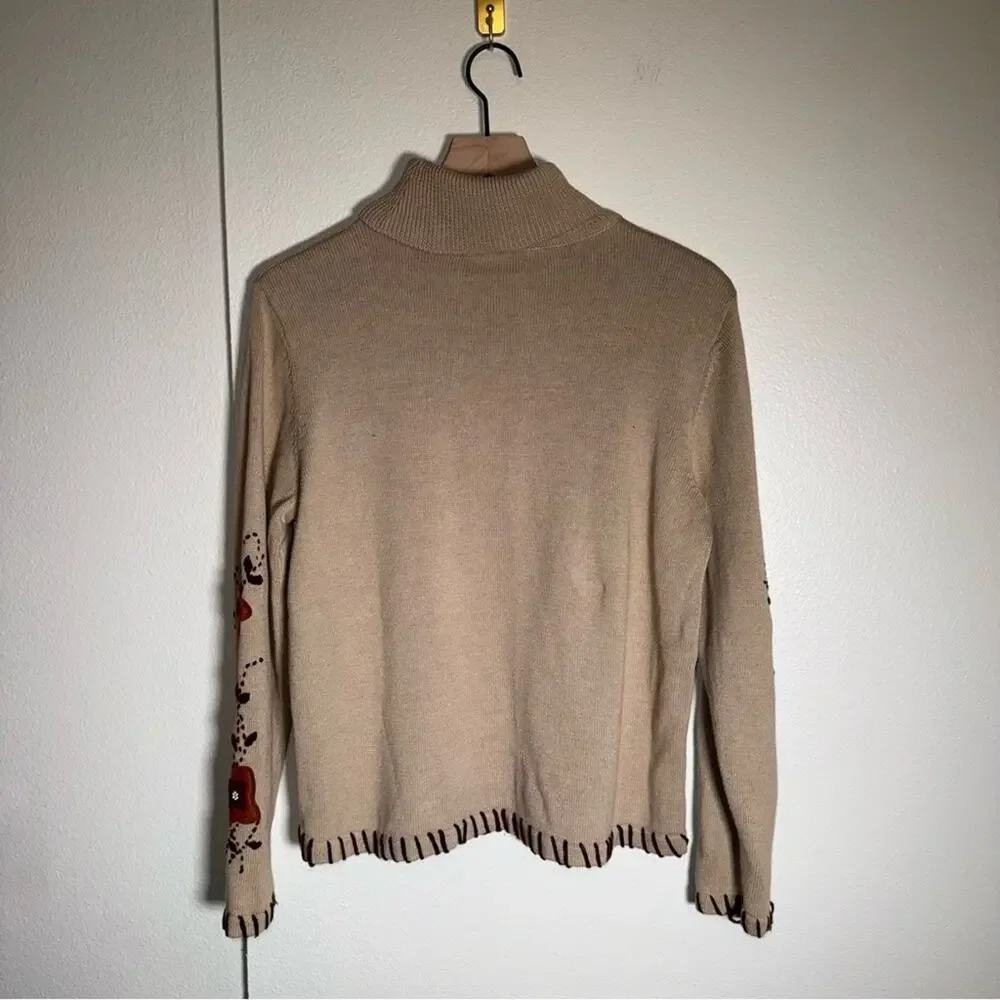 220 HICKORY art deco pearl bead floral design large stitch turtleneck sweater M